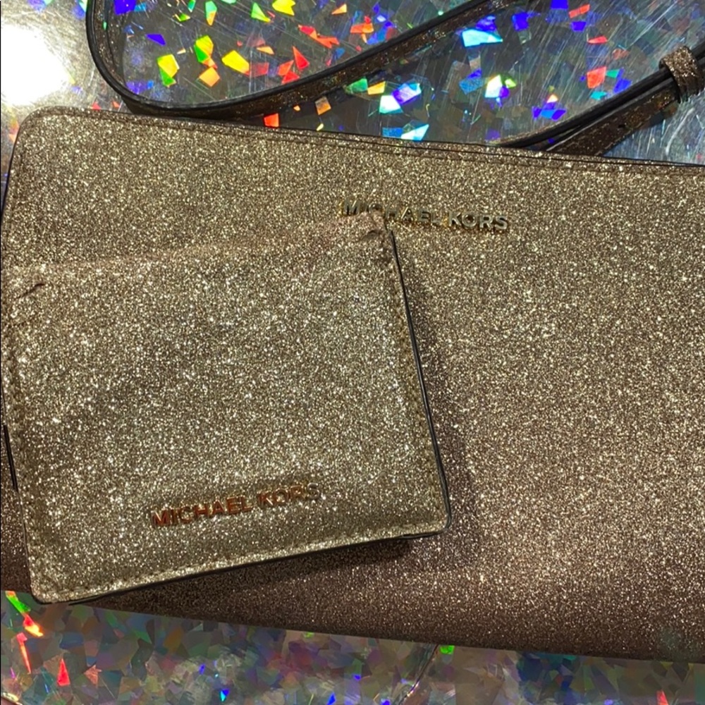 Michael Kors gold glitter wallet and crossbody set